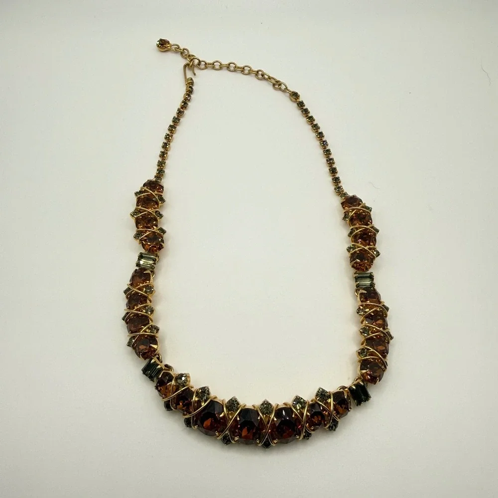 Hattie Carnegie Vintage Orange Smokey Gray Rhinestone Gold‎ Tone Collar Necklace